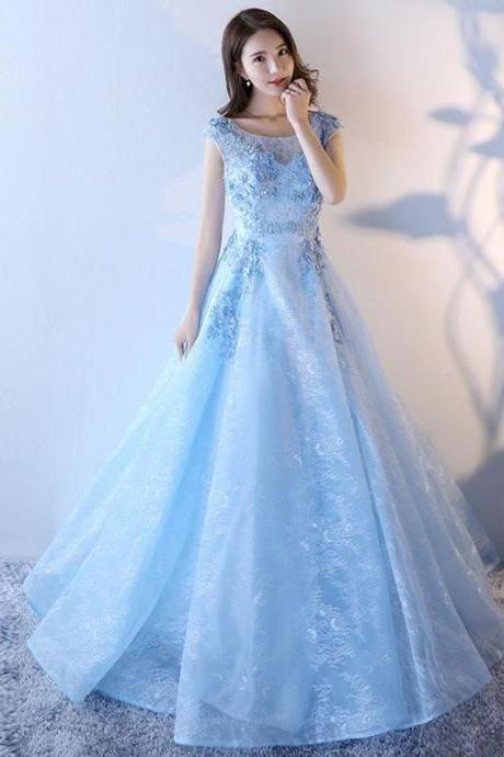 Light Blue Lace Tulle Long Prom Dress, Lace Evening Dress,pl4783
