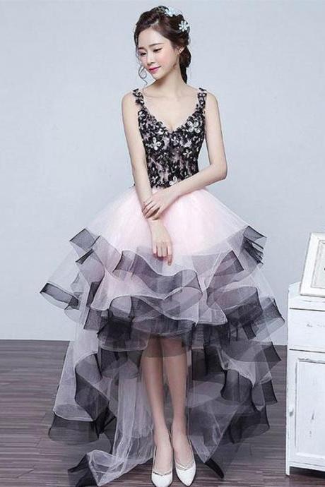 Cute V Neck High Low Tulle Prom Dress, Lace Evening Dress,pl4784