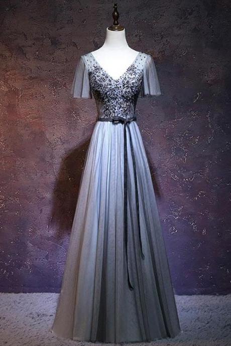 Dark Gray V Neck Long Prom Dress, Gray Evening Dress,pl4785