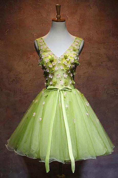 Green V Neck Tulle Short Prom Dress, Green Homecoming Dress,pl4790