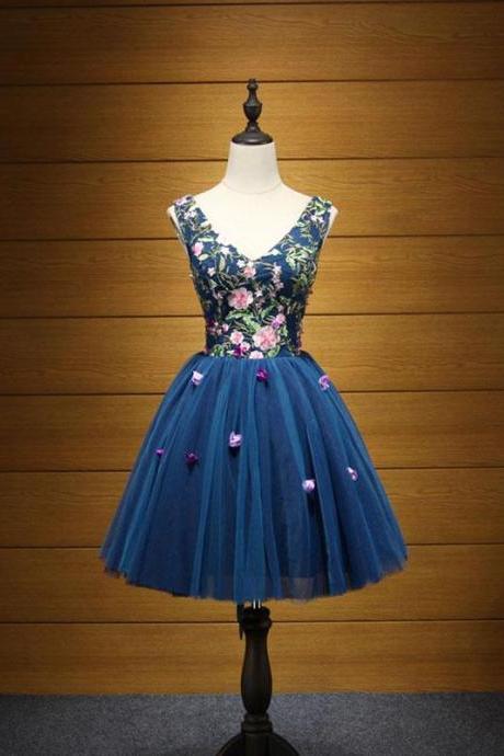 Blue V Neck Tulle Short Prom Dress, Homecoming Dress,pl4793