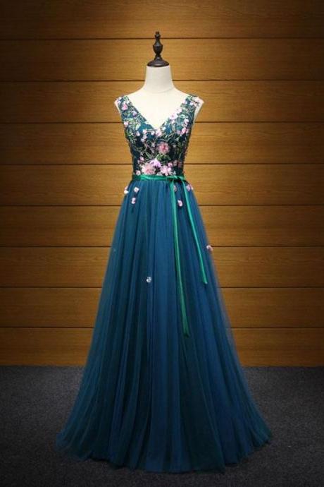 Elegant Blue V Neck Tulle Long Prom Dress, Evening Dress,pl4794