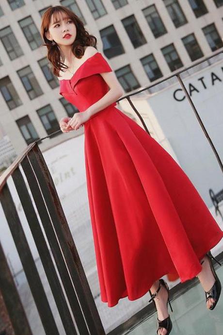 Simple Red Off Shoulder Tea Length Prom Dress, Red Evening Dress,pl4797