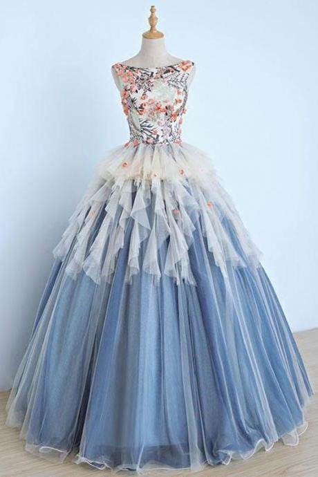 Unique Round Neck Tulle Lace Applique Long Prom Dress,pl4798