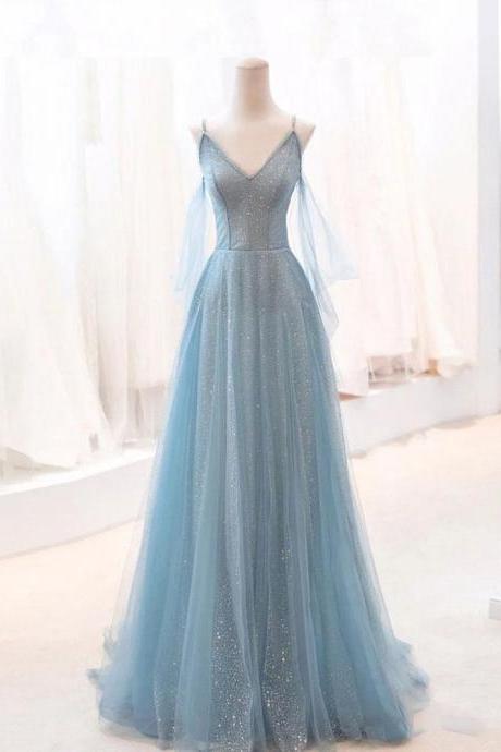 Gray Blue V Neck Tulle Sequin Long Prom Dress, Blue Evening Dress,pl4802