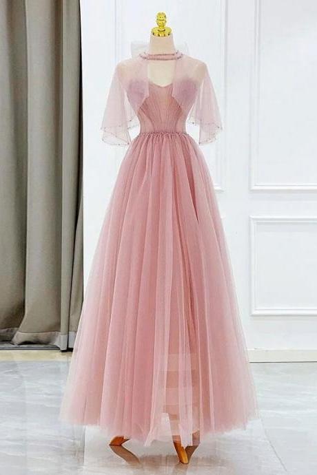 Pink Tulle Tea Length Prom Dress, Pink Tulle Formal Dress,pl4803