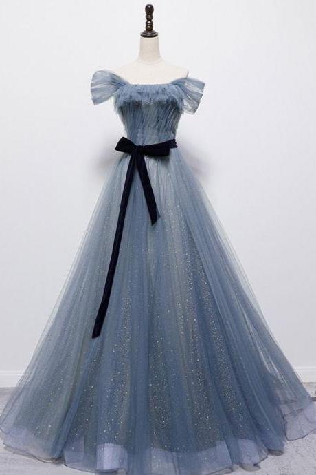 Blue Tulle Off Shoulder Sequin Long Prom Dress Blue Evening Dress,pl4805