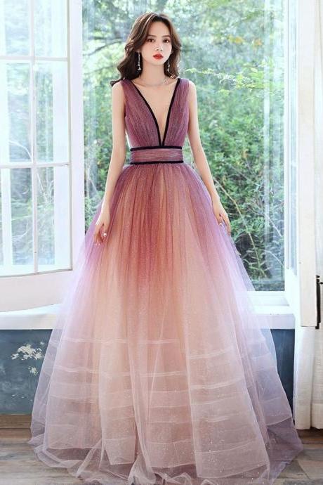 Burgundy V Neck Tulle Gradient Long Prom Dress, Burgundy Evening Dress,pl4808