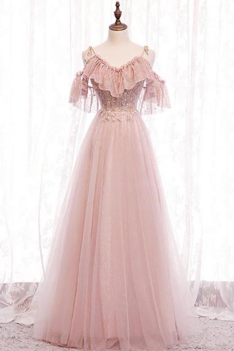 Pink V Neck Tulle Lace Long Prom Dress Pink Bridesmaid Dress,pl4815