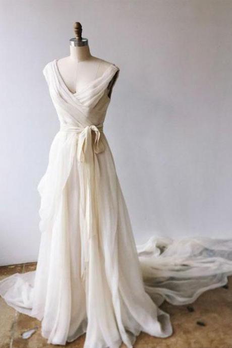Ivory V Neck Chiffon Graduation Dress Evening Dress Long Prom Dress,pl4824