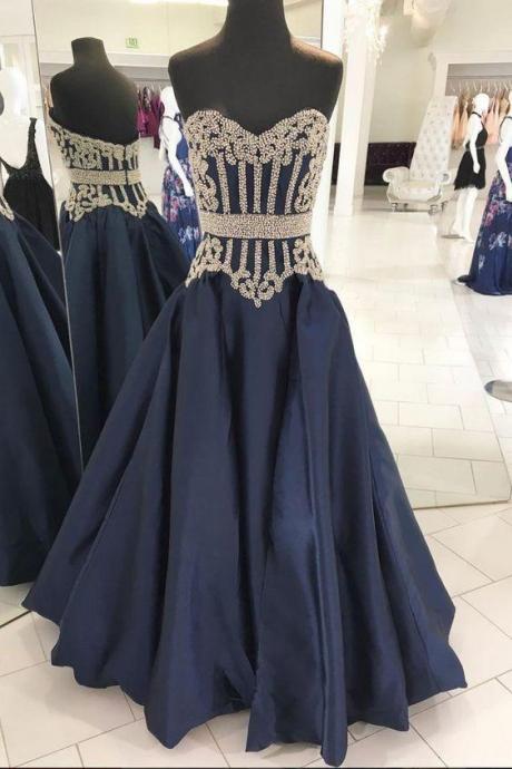 Dark Blue Sweetheart Neck Beads Long Prom Dress, Blue Evening Dress,pl4829