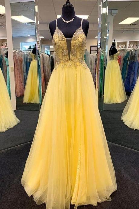 2021 Yellow Tulle Open Back Prom Dress Spaghetti Strap V-neck Crystal Beading Long Dress,pl4833