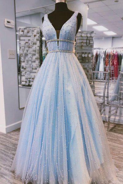 Light Blue Tulle V Neck Pearl Beaded Long Prom Dress, Evening Dress,pl4842
