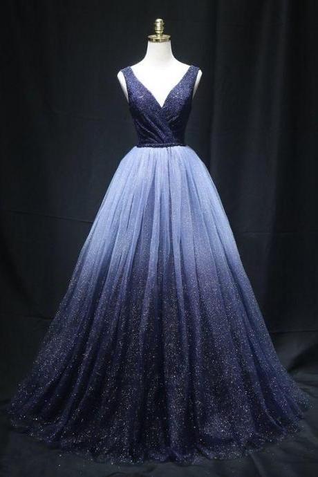 Blue V Neck Tulle Sequins Prom Dress Evening Dress,pl4843