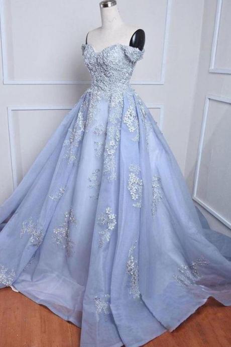 Blue Tulle Off Shoulder Long Quinceanera Dress, Sweet 16 Prom Dress With Sleeve,pl4847