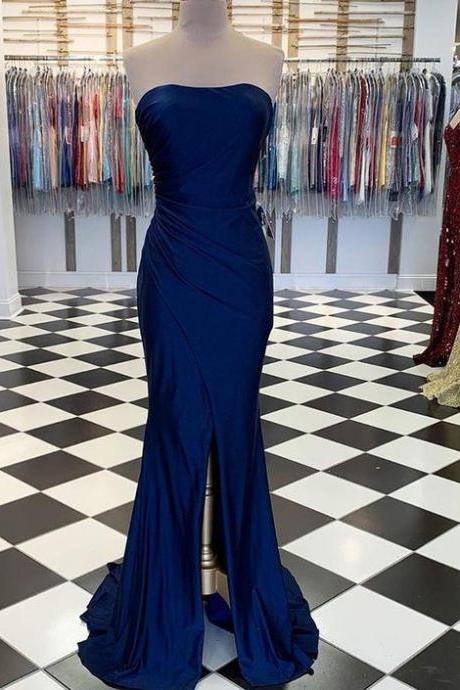 Simple Ruched Strapless Navy Blue Satin Mermaid Prom Dress,pl4849