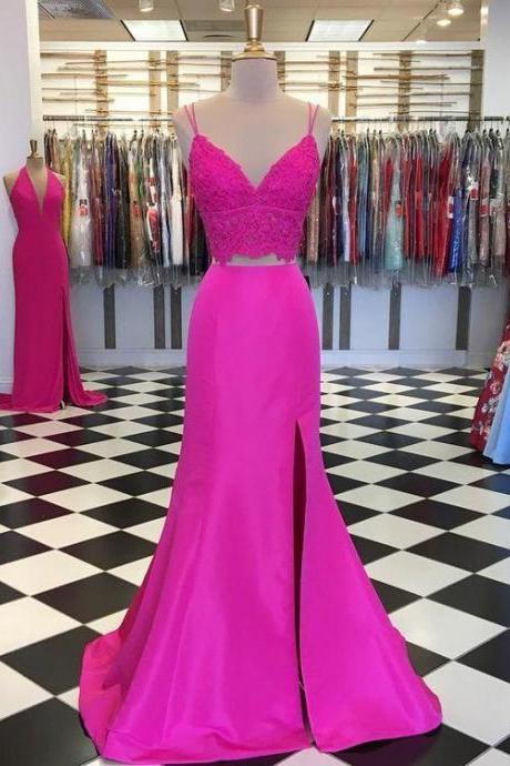 Fuchsia V Neck Two Pieces Mermaid Lace Top Satin Long Prom Dress With Slit, Mermaid Lace Fuchsia Formal Graduation Evening Dresses,pl4851