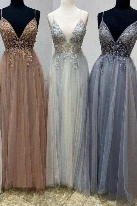 Beaded V Neck Prom Dresses Tulle Floor Length Evening Gown For High School Prom,pl4858