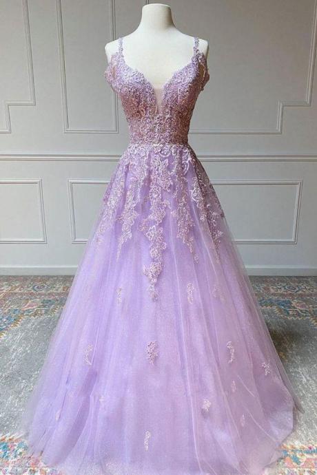 Purple V Neck Tulle Lace Long Prom Dress Purple Lace Formal Dress,pl4862