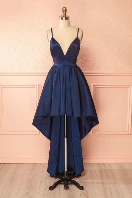 Navy Blue Prom Dresses,sexy High Low Prom Dresses,backless Prom Dress,deep V Neck Prom Dress,pl4864