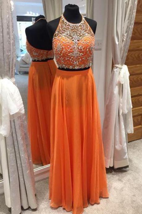 Orange Chiffon 2 Piece Prom Dresses,two Piece Formal Dresses,long Prom Dresses,pl4868
