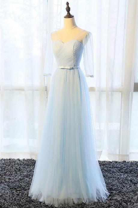 Simple Pure Blue V Neck Long Bowknot Senior Prom Dress With Mid Sleeves,pl4878