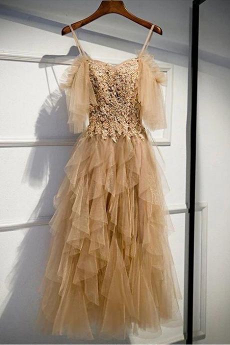 Champagne Tulle Off Shoulder Mid Length Ruffles Prom Dress,pl4881