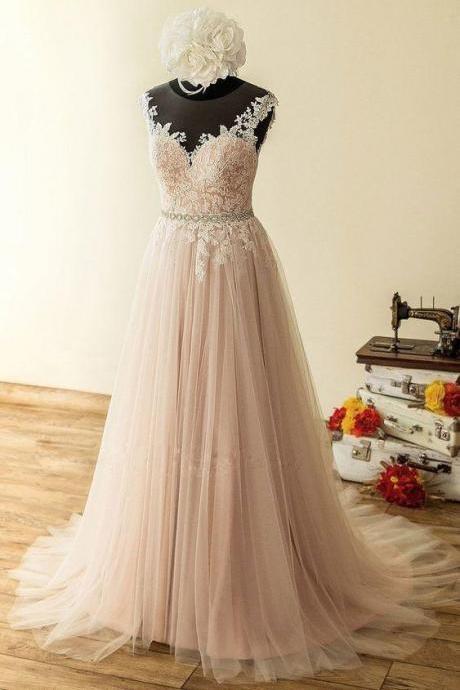 Blush Pink Long Round Neck White Lace Evening Dress, Long Beaded Prom Dress,pl4889