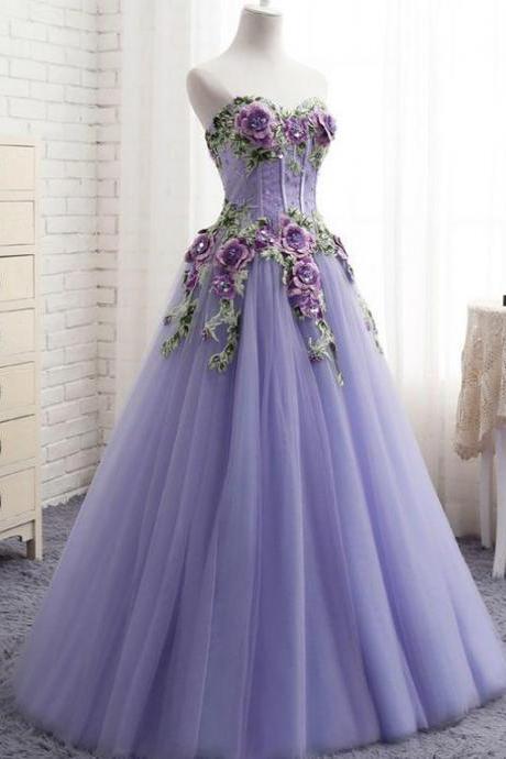 A-line Purple Tulle Embroidery Appliques Sweetheart Neck Prom Dress,pl4906