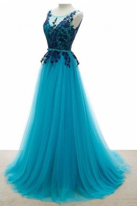 Backless Tulle Lace Blue Elegant Party Gowns, Prom Dresses,pl4908