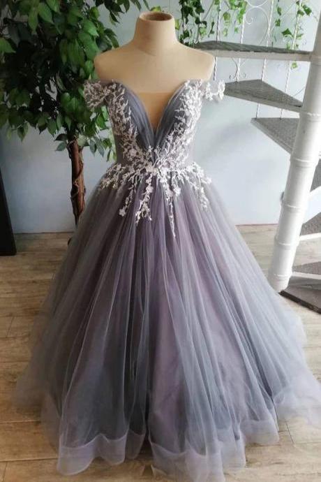 Off Shoulder V Neck Grey Tulle Prom Dress, Appliques Evening Dress,pl4909