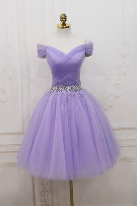 Purple Off Shoulder Tulle Sequin Prom Dress Purple Homecoming Dress,pl4917