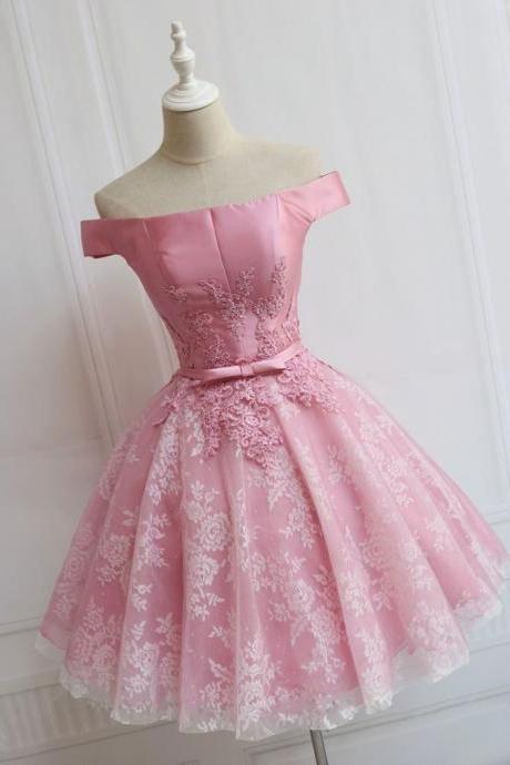Pink Tulle Of Shoulder Lace Short Prom Dress Lace Formal Dress,pl4918
