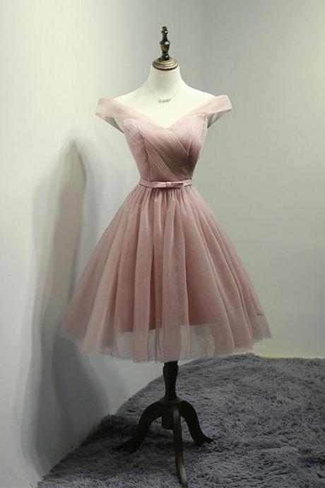 Simple V Neck Tulle Off Shoulder Short Prom Dress Pink Homecoming Dress,pl4922