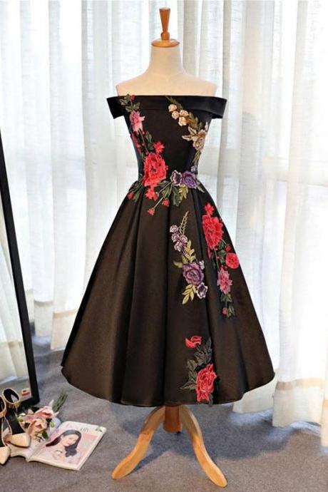 Black Satin Short Prom Dress, Black Evening Dress,pl4924
