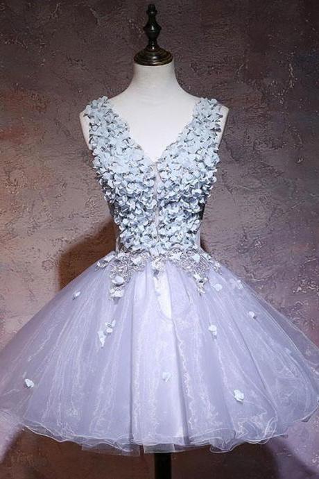 Gray V Neck Applique Short Prom Dress, Homecoming Dress,pl4929