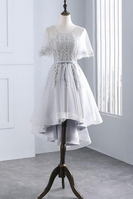 Simple Tulle Lace Applique Short Prom Dress, Gray Bridesmaid Dress,pl4935