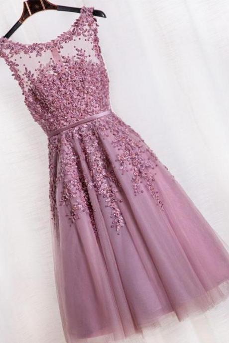 Cute Pink Lace Tulle Short Prom Dress, Pink Evening Dress,pl4940
