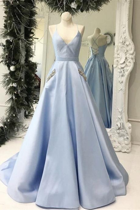 V Neck Open Back Light Blue Satin Long Prom Dresses With Pocket, V Neck Light Blue Formal Evening Dresses ,pl4946