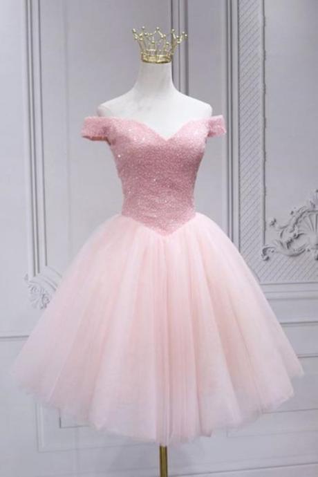 Shiny Beadings Off The Shoulder Pink Short Homecoming Prom Dress, Off Shoulder Pink Beaded Formal Graduation Evening Dress,pl4948