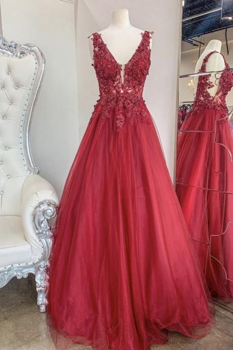 A Line V Neck And V Back Red Lace Floral Long Prom Dress, Open Back 3d Flowers Red Lace Formal Evening Dress ,pl4949