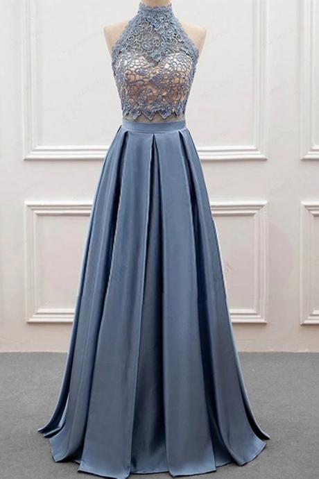 High Neck Two Pieces Blue Lace Long Prom Dress, 2 Pieces Blue Lace Formal Dress, Blue Evening Dress,pl4953