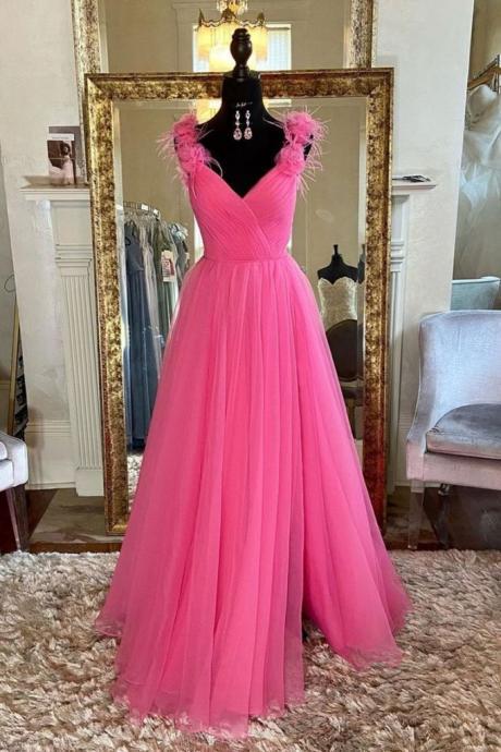A Line V Neck Pink Tulle Long Prom Dress With Slit, Pink Formal Graduation Evening Dress,pl4955