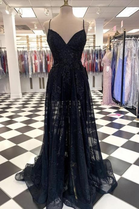 A Line V Neck Long Black Lace Prom Dress, Black Lace Formal Graduation Evening Dress,pl4950
