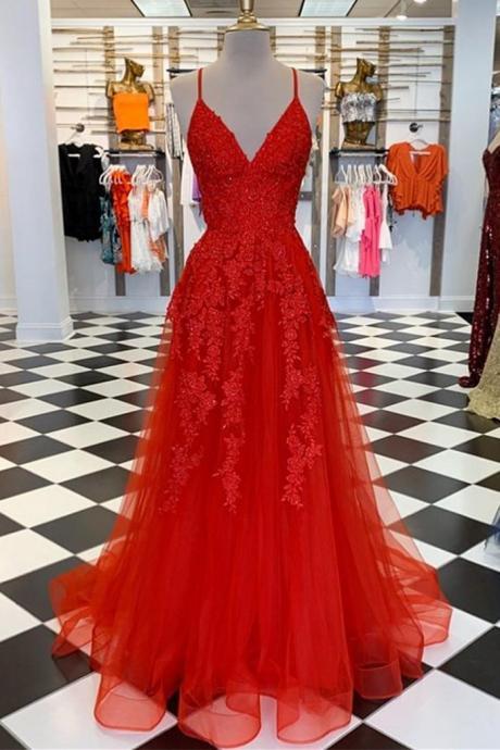 A Line Spaghetti Straps V Neck Red Lace Long Prom Dress, Red Lace Formal Dress, Red Evening Dress,pl4957