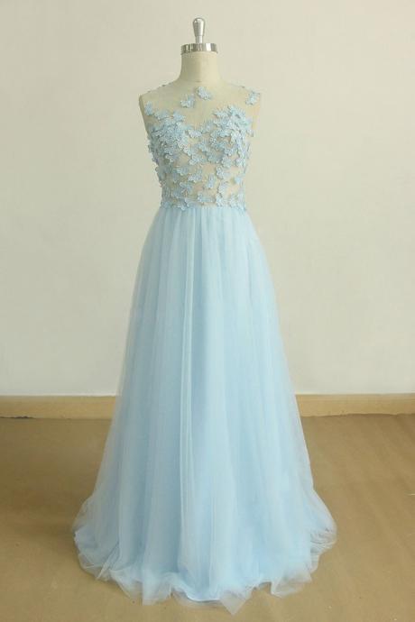 A Line Round Neck Baby Blue Lace Long Prom Dress With Butterfly, Baby Blue Lace Formal Graduation Evening Dress,pl4958
