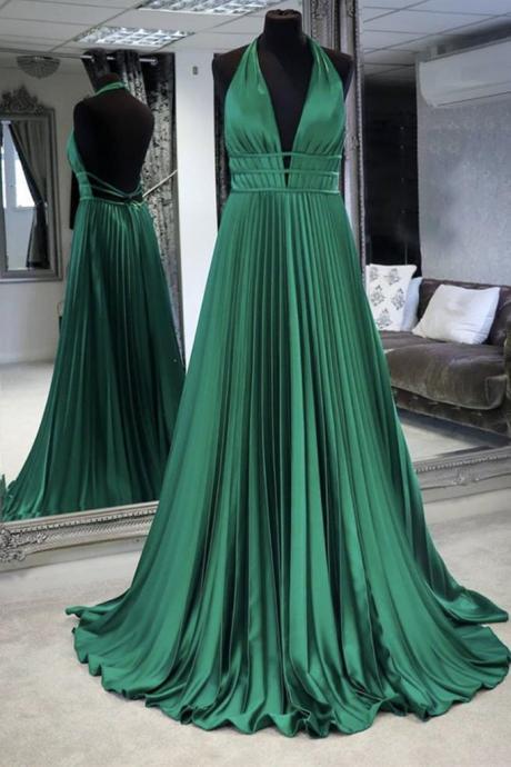 Halter V Neck Backless Emerald Green Satin Long Prom Dress, Backless Emerald Green Formal Graduation Evening Dress,pl4959