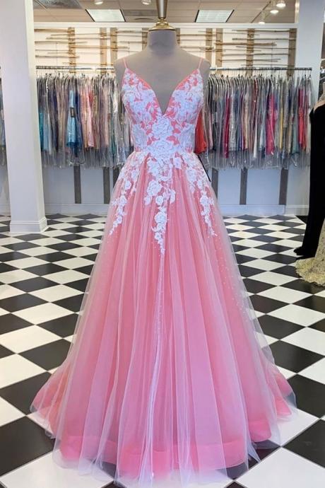A Line V Neck Pink Long Prom Dress With Lace Appliques, V Neck Pink Formal Dress, Pink Evening Dress,pl4961