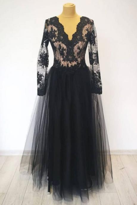 V Neck Long Sleeves Black Lace Long Prom Dress, Long Sleeves Black Lace Formal Dress, Black Lace Evening Dress,pl4962