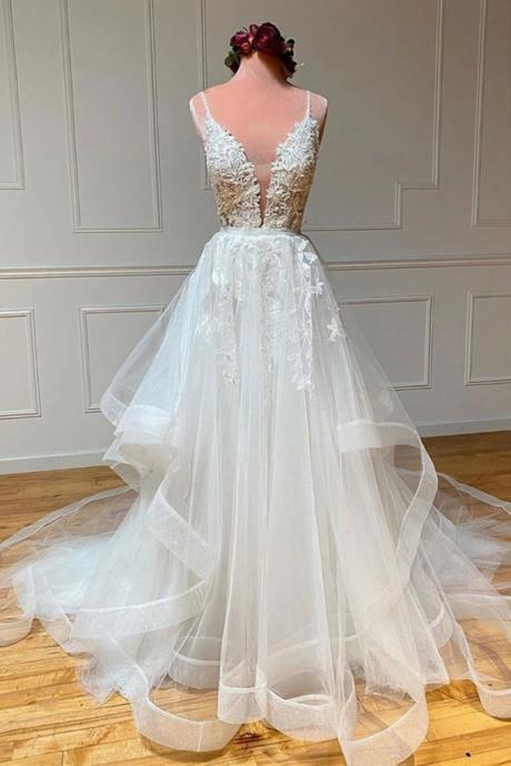 A Line V Neck White Lace Long Prom Dress, White Lace Wedding Dress, White Formal Evening Dress,pl4963